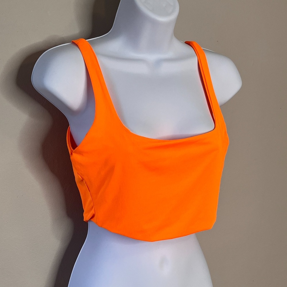 Bershka Neon Orange Slinky Square Neck Cami Crop Top Sz L Stretch Vibrant Summer